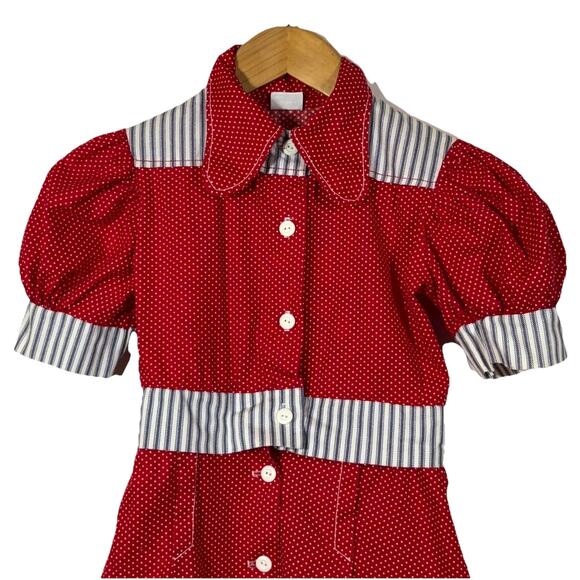 Vintage Girls Dress 8 Red White Blue USA 1970s Retro Mod Short Sleeve Polka Dot - Picture 4 of 9